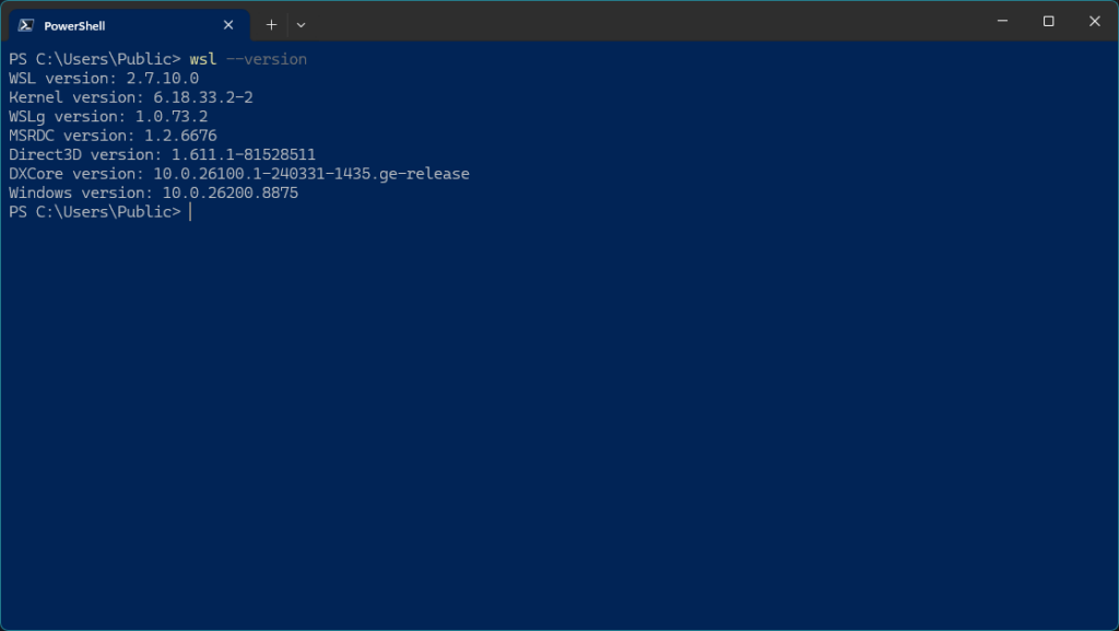 Salida del comando wsl --version en PowerShell