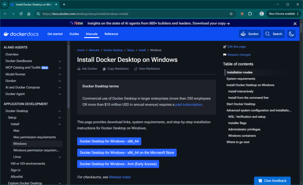 Página oficial de descarga para instalar Docker Desktop en Windows 11
