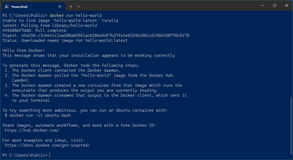 Salida del contenedor hello-world de Docker en Windows 11
