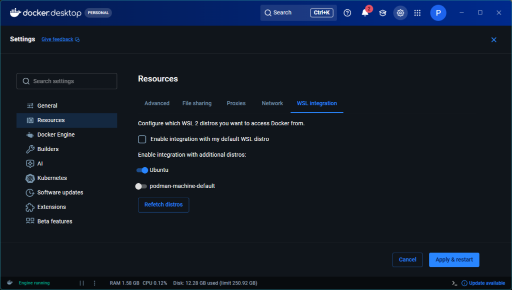 Configuración de integración WSL en Docker Desktop