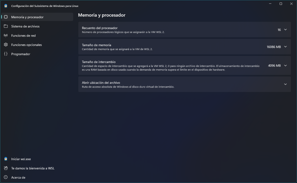 GUI de la configuración de WSL 2